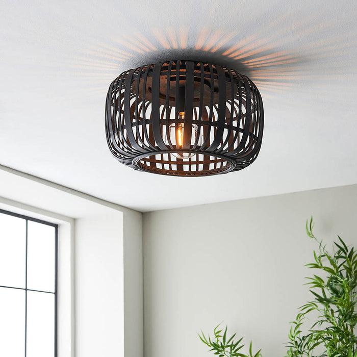 Mathias Flush Ceiling Light In Dark Stained Bamboo Open Framework