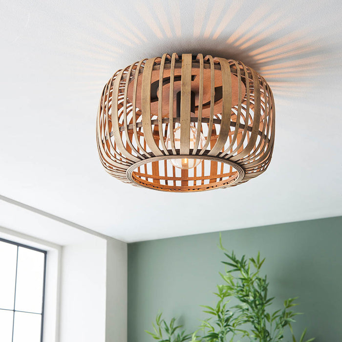 Mathias Flush Ceiling Light In Natural Bamboo Open Framework