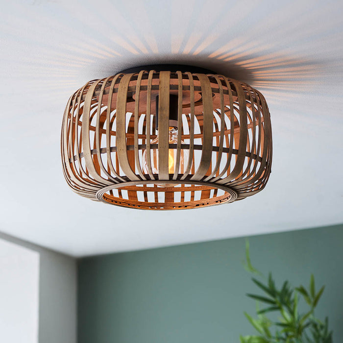 Mathias Flush Ceiling Light In Natural Bamboo Open Framework