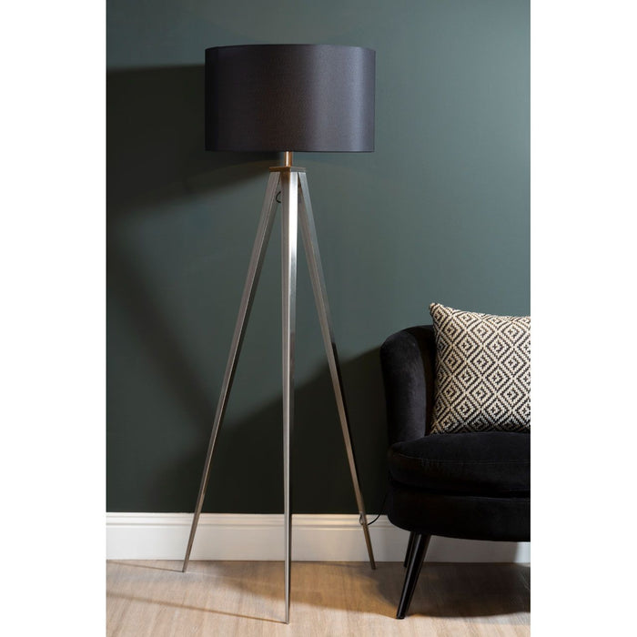 Seitro Black Fabric Shade Floor Lamp With Chrome Metal Tripod Base