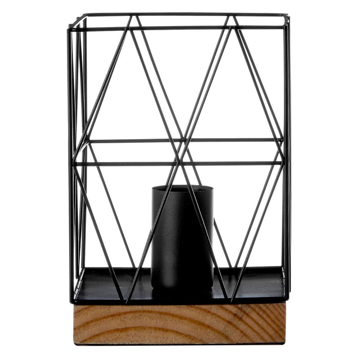 Bode Black Metal Wire Frame Table Lamp With Natural Wooden Base