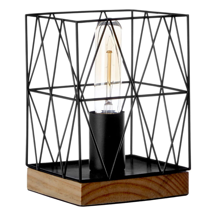 Bode Black Metal Wire Frame Table Lamp With Natural Wooden Base