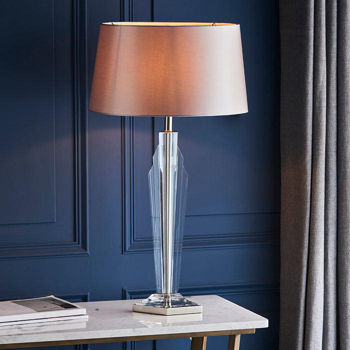 Gatsby Grey Shade Table Lamp In Polished Nickel And Clear Crystal