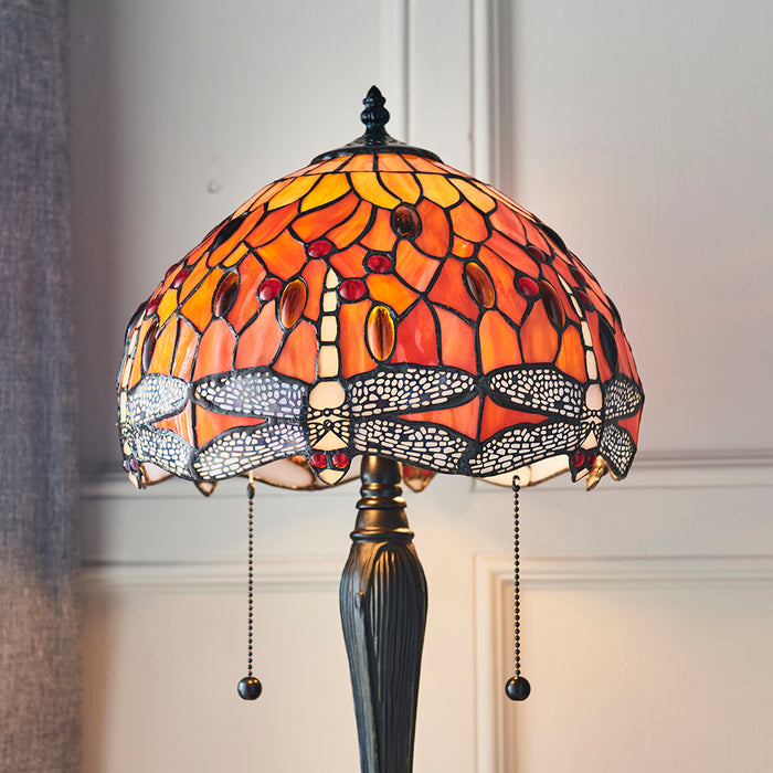 Dragonfly Tiffany Glass Flame Small Table Lamp In Dark Bronze