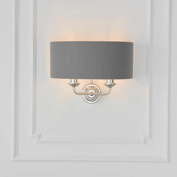 Highclere 2 Lights Charcoal Linen Shade Wall Light In Bright Nickel