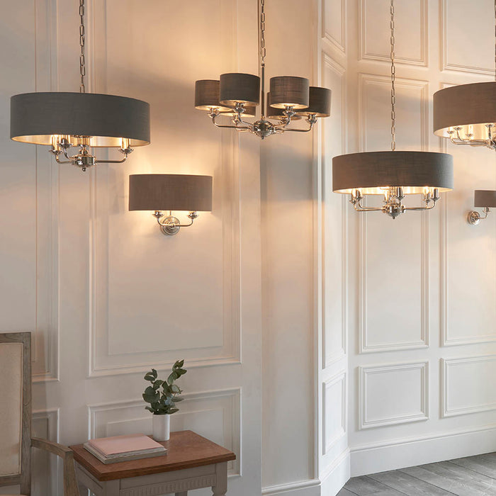 Highclere 2 Lights Charcoal Linen Shade Wall Light In Bright Nickel