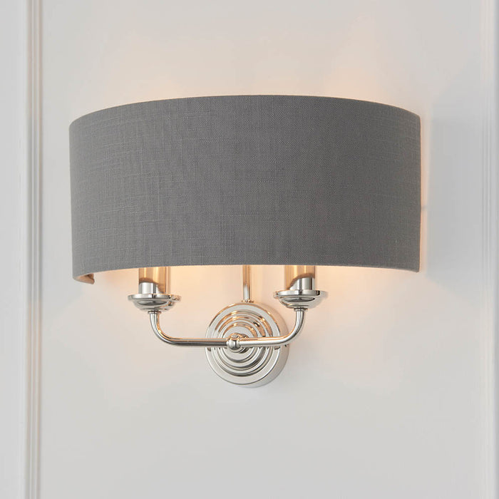 Highclere 2 Lights Charcoal Linen Shade Wall Light In Bright Nickel