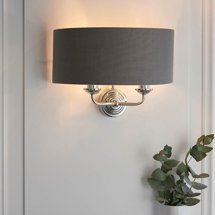 Highclere 2 Lights Charcoal Linen Shade Wall Light In Bright Nickel