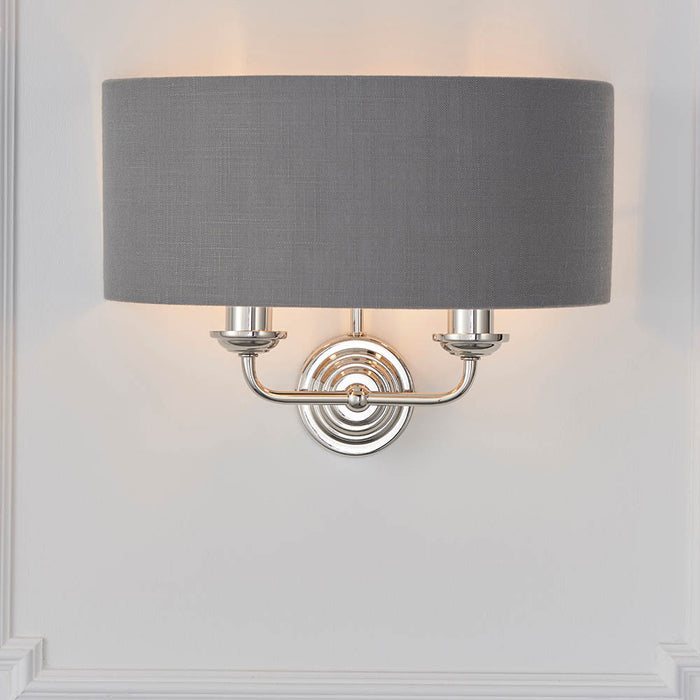 Highclere 2 Lights Charcoal Linen Shade Wall Light In Bright Nickel