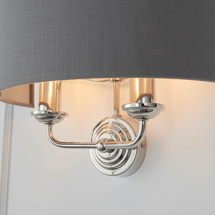 Highclere 2 Lights Charcoal Linen Shade Wall Light In Bright Nickel