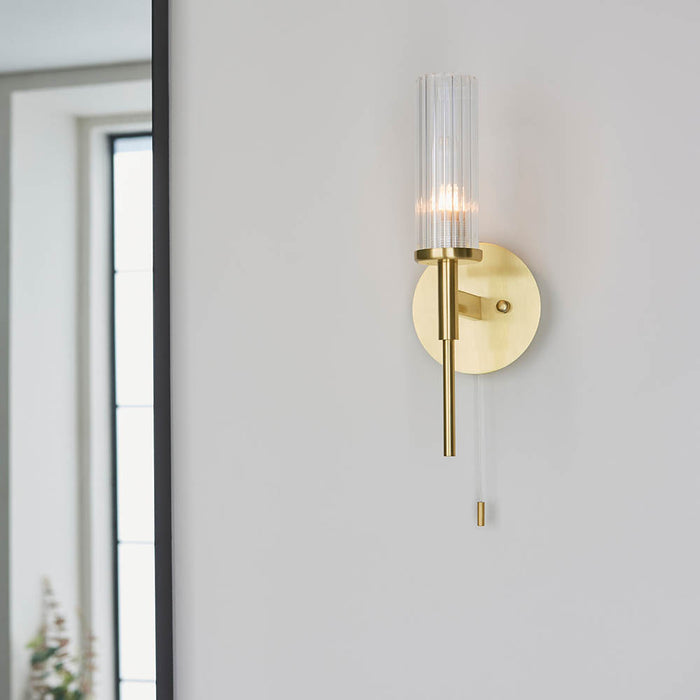 Talo Clear Ribbed Cylindrical Glass Wall Light In Satin Brass