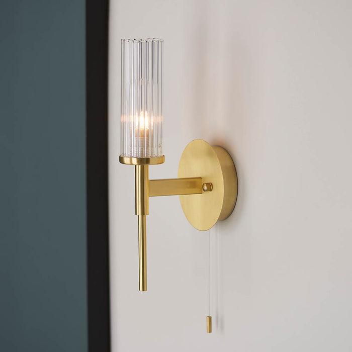 Talo Clear Ribbed Cylindrical Glass Wall Light In Satin Brass