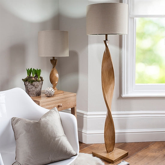 Abia Natural Linen Cylinder Shade Floor Lamp In Oak Effect