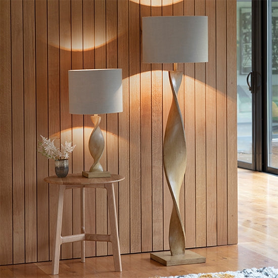 Abia Natural Linen Cylinder Shade Table Lamp In Oak Effect
