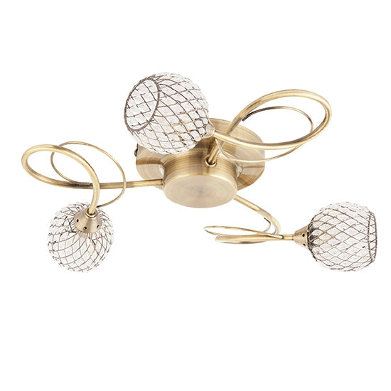 Aherne 3 Lights Clear Glass Semi Flush Ceiling Light In Antique Brass