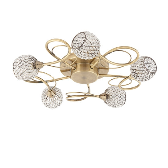 Aherne 5 Lights Clear Glass Semi Flush Ceiling Light In Antique Brass