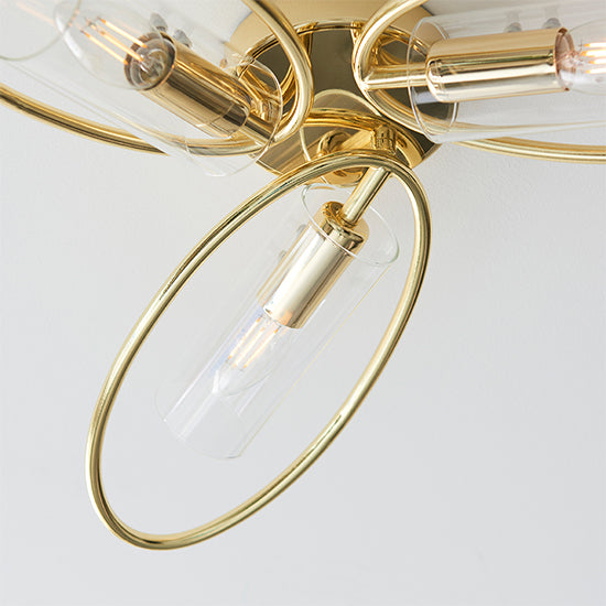 Amari Clear Glass Shades 3 Lights Semi Flush Ceiling Light In Polished Brass