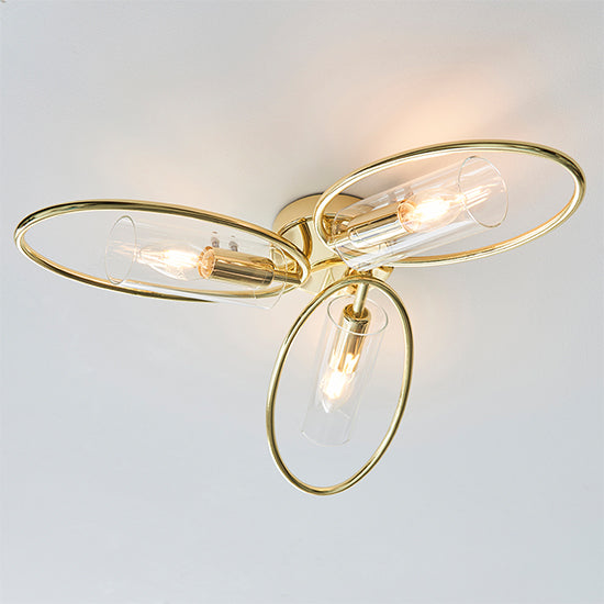 Amari Clear Glass Shades 3 Lights Semi Flush Ceiling Light In Polished Brass