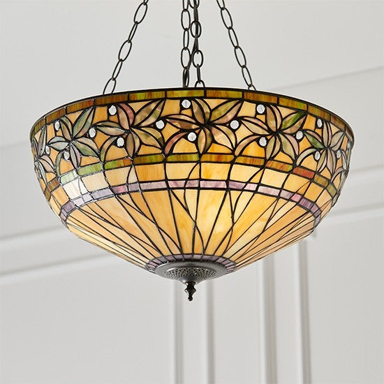 Ashtead Large Inverted Tiffany Glass 3 Lights Ceiling Pendant Light In Dark Bronze