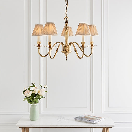 Asquith 5 Lights Ceiling Pendant Light In Solid Brass With Beige Shades