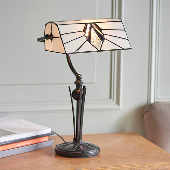 Astoria Tiffany Glass Bankers Table Lamp In Black