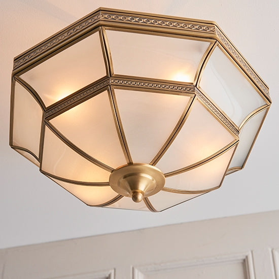 Balfour Frosted Glass 4 Lights Semi Flush Ceiling Light In Antique Brass