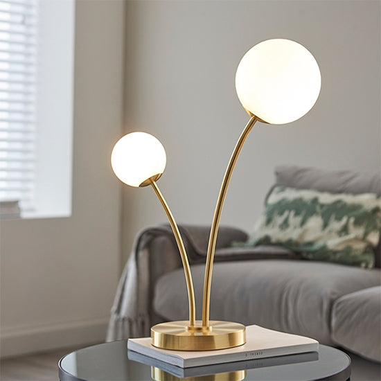 Bloom Opal Glass Sphere Shades 2 Lights Table Lamp In Satin Brass