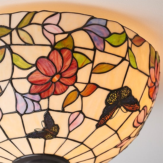 Butterfly Large 2 Lights Flush Ceiling Light In Tiffany Art Glass