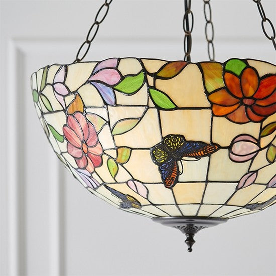 Butterfly Large Inverted Tiffany Art Glass 3 Lights Ceiling Pendant Light In Dark Bronze