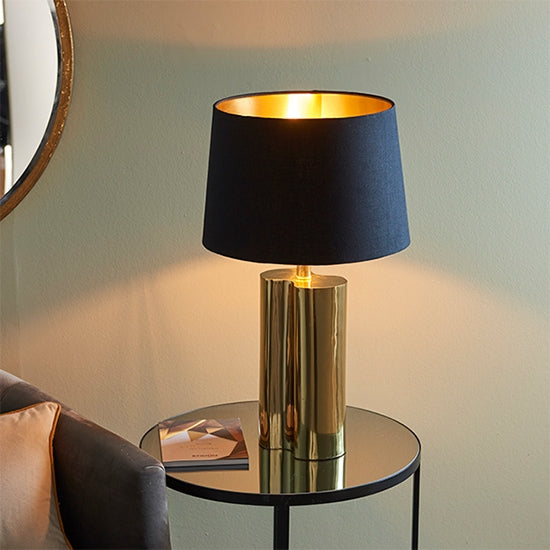 Calan Black Cotton Tapered Shade Table Lamp In Gold