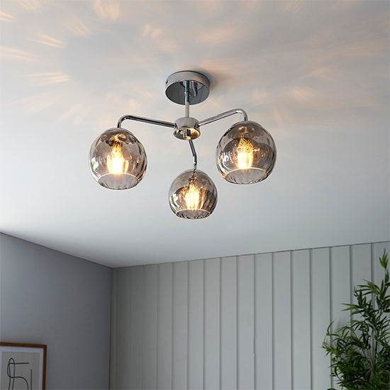 Dimple Smokey Glass Shades 3 Lights Semi Flush Ceiling Light In Polished Chrome