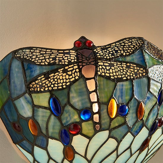 Dragonfly Blue Tiffany Glass Wall Light In Matt Black
