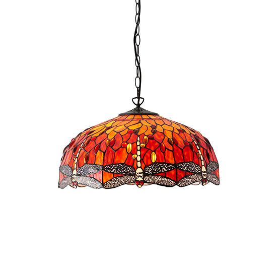 Dragonfly Large Flame Tiffany Glass 3 Lights Ceiling Pendant Light In Dark Bronze