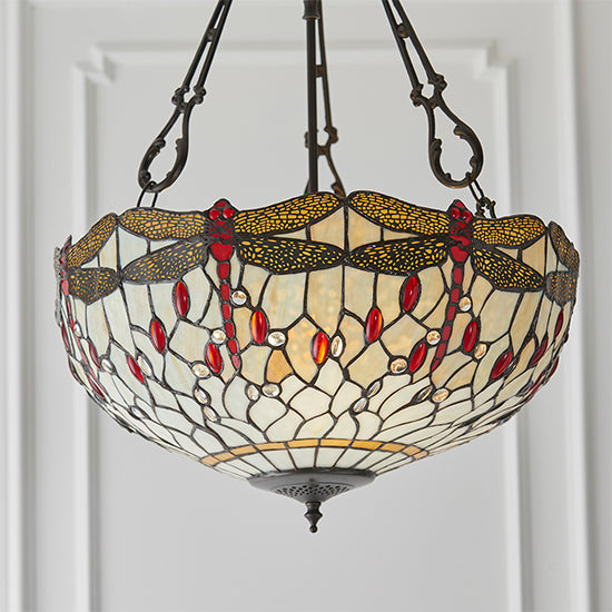 Dragonfly Large Inverted Beige Tiffany Glass 3 Lights Ceiling Pendant Light In Dark Bronze