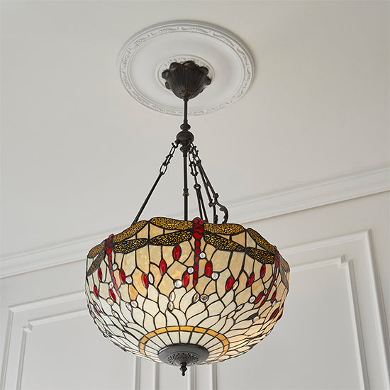 Dragonfly Large Inverted Beige Tiffany Glass 3 Lights Ceiling Pendant Light In Dark Bronze