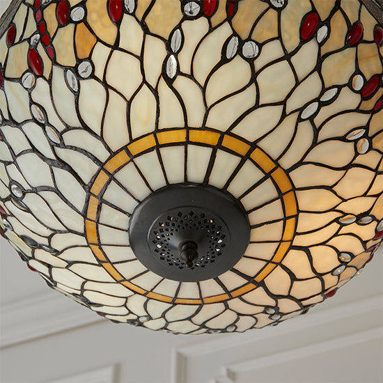 Dragonfly Large Inverted Beige Tiffany Glass 3 Lights Ceiling Pendant Light In Dark Bronze