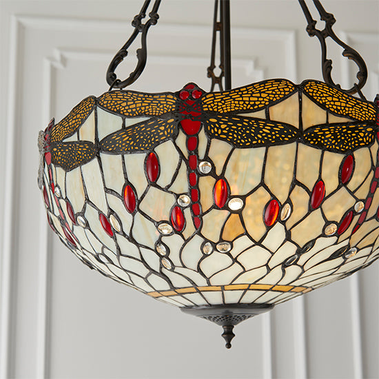 Dragonfly Large Inverted Beige Tiffany Glass 3 Lights Ceiling Pendant Light In Dark Bronze