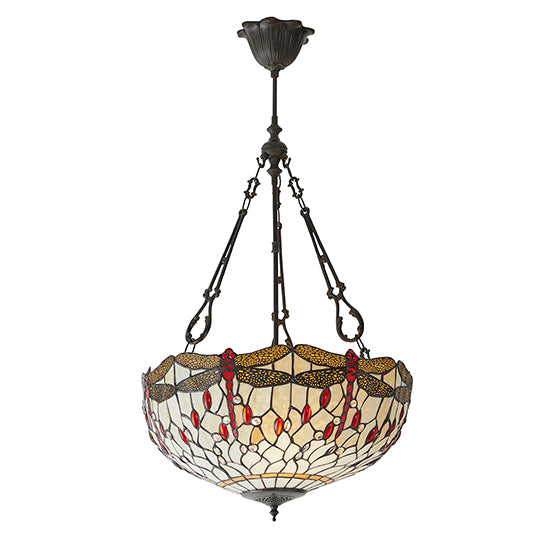 Dragonfly Large Inverted Beige Tiffany Glass 3 Lights Ceiling Pendant Light In Dark Bronze