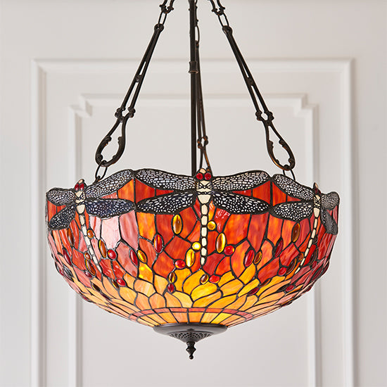 Dragonfly Large Inverted Flame Tiffany Glass 3 Lights Ceiling Pendant Light In Dark Bronze