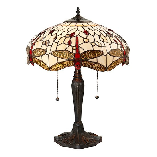 Dragonfly Medium Beige Tiffany Glass Table Lamp In Dark Bronze