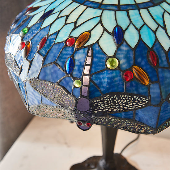 Dragonfly Medium Blue Tiffany Glass Table Lamp In Dark Bronze