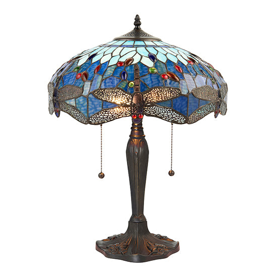 Dragonfly Medium Blue Tiffany Glass Table Lamp In Dark Bronze