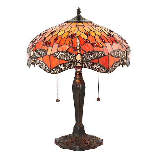 Dragonfly Medium Flame Tiffany Glass Table Lamp In Dark Bronze