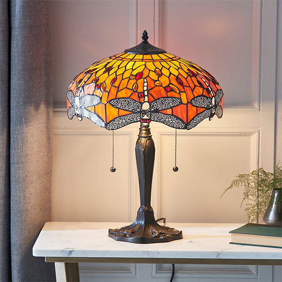 Dragonfly Medium Flame Tiffany Glass Table Lamp In Dark Bronze