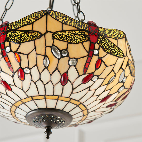 Dragonfly Medium Inverted Beige Tiffany Glass 3 Lights Ceiling Pendant Light In Dark Bronze
