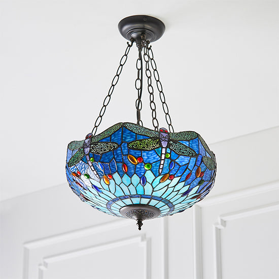 Dragonfly Medium Inverted Blue Tiffany Glass 3 Lights Ceiling Pendant Light In Dark Bronze