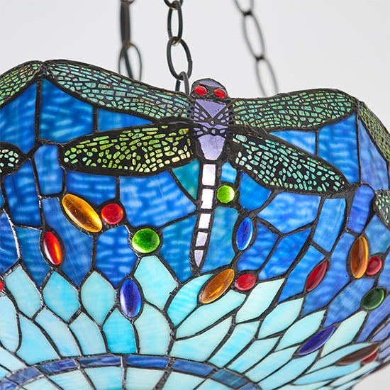 Dragonfly Medium Inverted Blue Tiffany Glass 3 Lights Ceiling Pendant Light In Dark Bronze