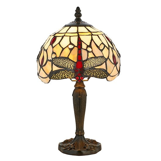 Dragonfly Mini Beige Tiffany Glass Table Lamp In Dark Bronze