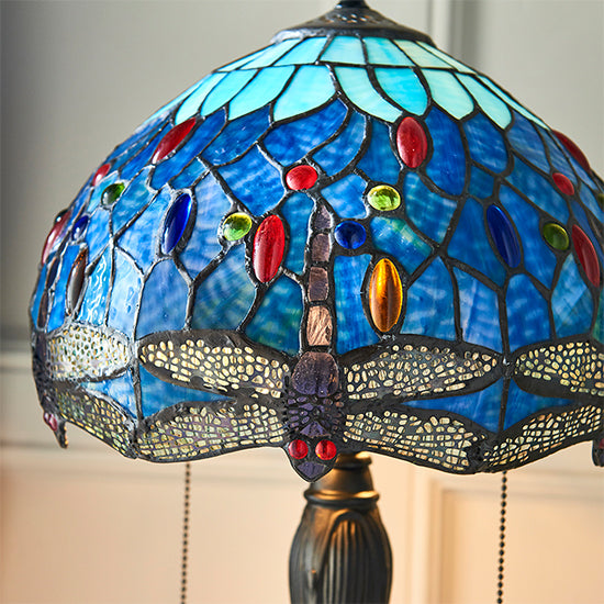 Dragonfly Small Blue Tiffany Glass Table Lamp In Dark Bronze