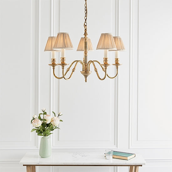Fitzroy 5 Lights Beige Shades Ceiling Pendant Light In Solid Brass